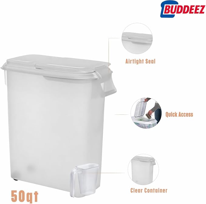 Buddeez Airtight Pet Food Storage Container - 50 QT Capacity Dog Food Storage Container - Cat Food Container, Bird Seed Storage Container, Rolling Storage Bin, Air Tight with White Lid