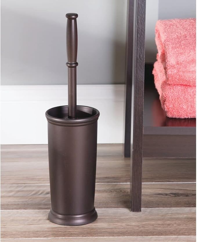 mDesign Toilet Bowl Brush and Holder - Covered Bathroom Toilet Brush - Standing Toilet Bowl Scrubber in Modern Holder - Compact, Space Saving, Deep Cleaning Brush for Toilet - Hyde Collection - Bronze