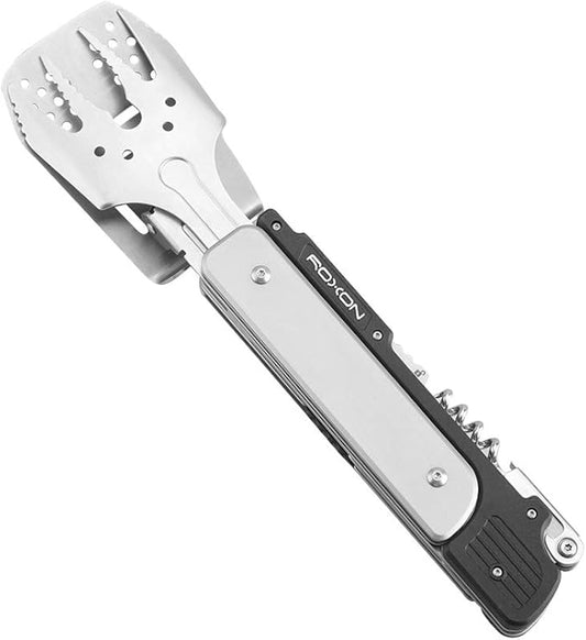 ROXON S601 6-in-1 Folding Grill Tool Set, 14" BBQ Utensils for Camping Grey | Includes Fork, Spatula, Knife, Tongs, Bottle Opener & Corkscrew. LFGB Certified, Dishwasher-Safe, Portable for Outdoor BBQ