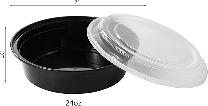 Jaluxing 24 oz 150 ct Round Meal Prep Food Storage Containers with Lids To Go Plastic Lunch Plan Box Disposable Take Out Bowls Black BPA Free Durable Stackable Microwave Freezer Safe (Formerly FULING)