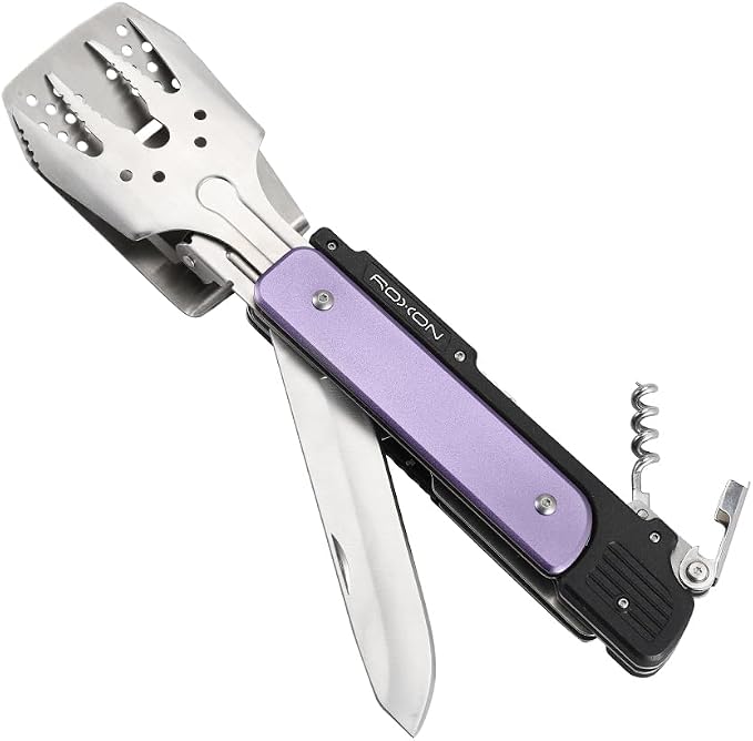 ROXON S601 6-in-1 Folding Grill Tool Set,14"BBQ Utensils for Camping Purple | Includes Fork, Spatula, Knife, Tongs, Bottle Opener & Corkscrew. LFGB Certified, Dishwasher-Safe, Portable for Outdoor BBQ