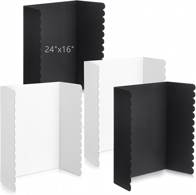 Mooliwe 4 Pack 24" x 16" Trifold Poster Board, Small Tri Fold Board Foldable Corrugated Presentation Display Scalloped Borders for Science Fair, School Classroom Project, Back to School Supplies