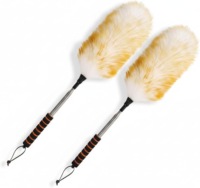 Lambswool Extendable Cleaning Duster 26-64 Inch Two-Pack, Anti-Static Wall Duster Cleaner with Sponge Grip and Stainless Steel Extension Pole for High Ceiling Fan, Interior, and Roof Dusting