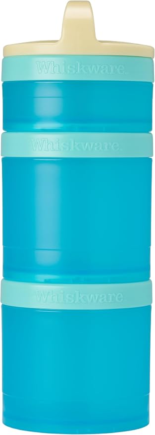 Whiskware Stackable Snack Containers for Kids and Toddlers, 3 Stackable Snack Cups for School and Travel, Tan/Blue/Blue