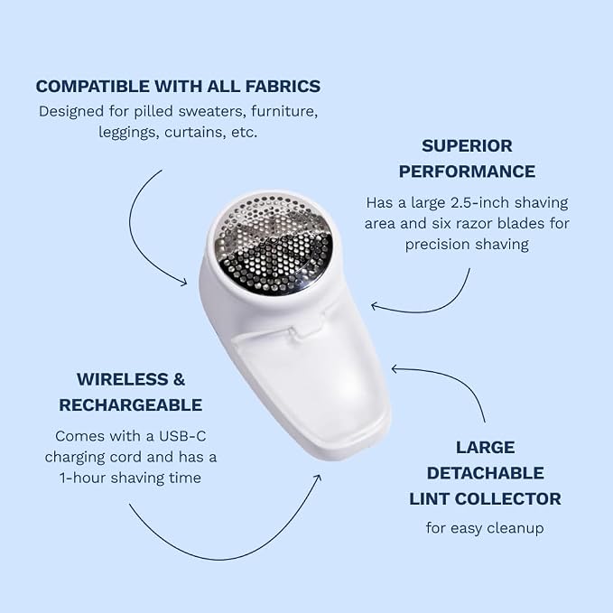 Nori Trim Fabric Shaver - Lint Remover for Clothes & Furniture - White | Couch pilling, sweater pill remover, clothes shaver with 6 precision blades, wireless and rechargeable