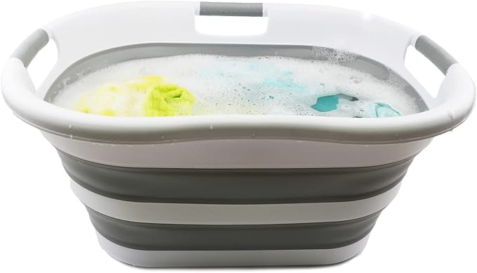 SAMMART 40L (10.5 gallon) Collapsible Plastic Laundry Basket - Foldable Pop Up Storage Container/Organizer - Portable Washing Tub - Space Saving Hamper/Basket (1, White/Grey)
