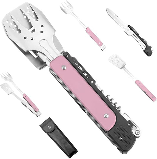 ROXON S601 6-in-1 Folding Grill Tool Set, 14" BBQ Utensils for Camping Pink | Includes Fork, Spatula, Knife, Tongs, Bottle Opener & Corkscrew. LFGB Certified, Dishwasher-Safe, Portable for Outdoor BBQ