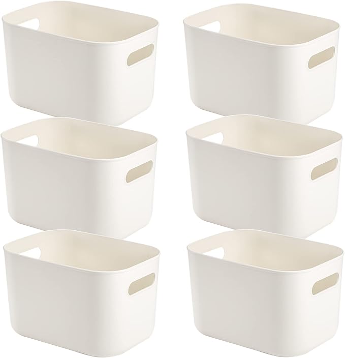Yopay 6 Pack Plastic Storage Bin with Handle, White Bathroom Kitchen Organizer Bin for School, Office, Classroom, Hand Soaps, Shampoos, Lotion, Conditioners, Hand Towels, Cosmetic, Snacks, Seasoning