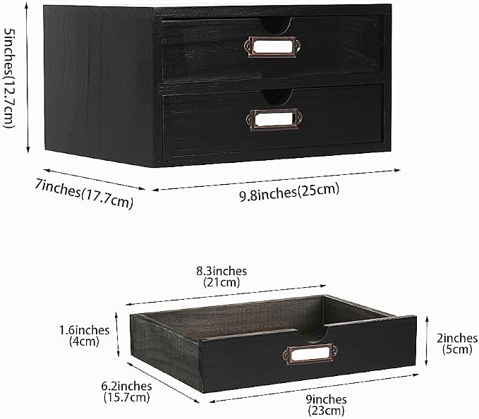 Small Wooden Drawers Wooden Box with Drawer Black | 2 Drawer Storage Box for Apothecary Cabinet, Apothecary Drawers，Desktop Organizer with Metal Handles for Office，Home