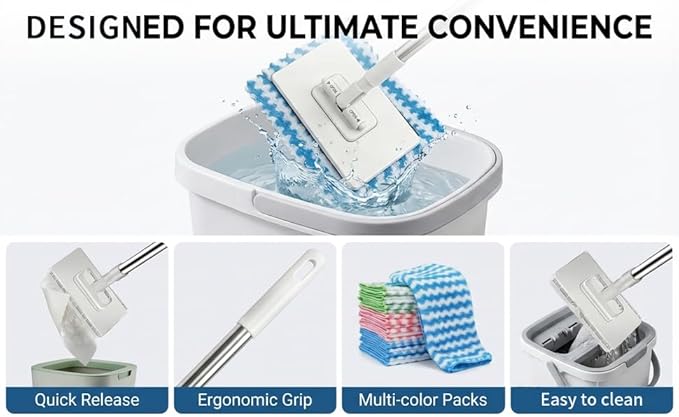 Snap Grip Mini Mop, Zero Touch MiniMop, Disposable Clip Mopstick Reusable Cloths, Retractable Gap Dust Cleaner Flat Mops with Locking Head & Sweeping Cloths (1*mop+5*Cloth)