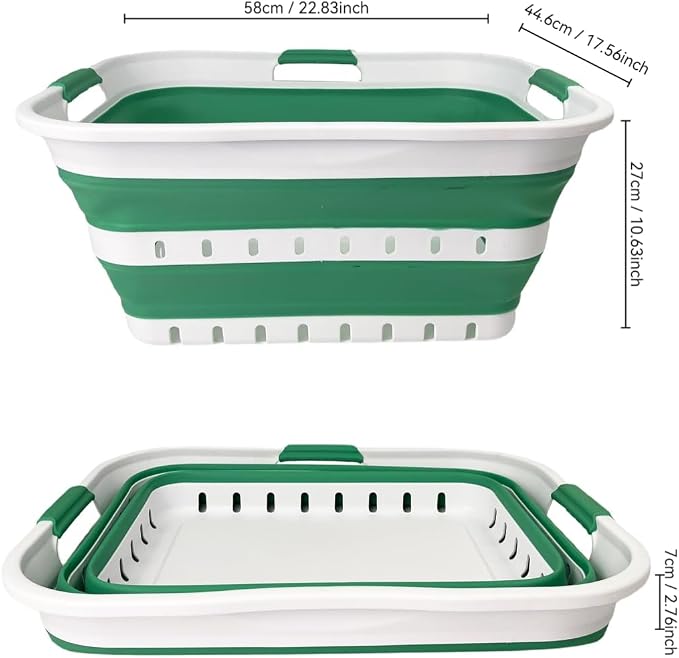 SAMMART 42 (11 Gallons) Collapsible Plastic Laundry Basket, Foldable Pop Up Storage Container/Organizer, Space Saving Hamper, Portable Bin for Dorm Room Bathroom (2, White/Winter Green)