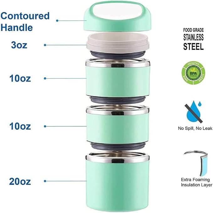 Lille Home Stackable Stainless Steel Thermal Compartment Lunch/Snack Box, 3-Tier Insulated Bento/Food Container with Lunch Bag, Utensils Set and Three Extra Seals, 43OZ (Green with Utensils)