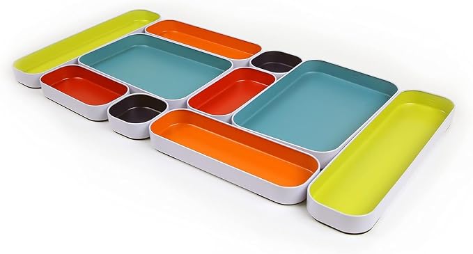 Three by Three Seattle Metal Drawer Organizer Tray Set, 10-Pc (Assorted) | Colorful food-safe metal bins; soft non-scratch base; organize utensils, makeup & supplies across every room
