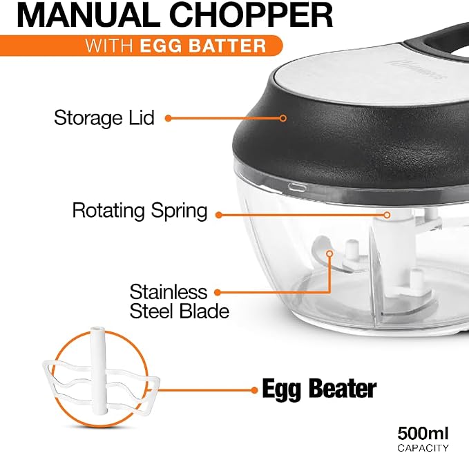 Manual Food Processor Vegetable Chopper, Portable Hand Pull String Garlic Mincer Onion Cutter for Veggies, Ginger, Fruits, Nuts, Herbs, etc., 2 Cup With Egg Batter and Garlic Peeler, W1031-1