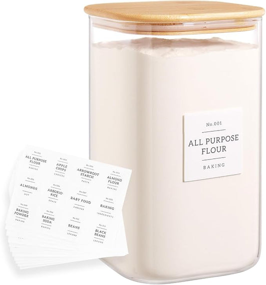 HHMJSM Large glass flour and sugar containers with 132 Kitchen Pantry Labels - 138 FL OZ Glass Food Storage Containers with Airtight Lids - Square Glass Jars Rice with Bamboo Lids