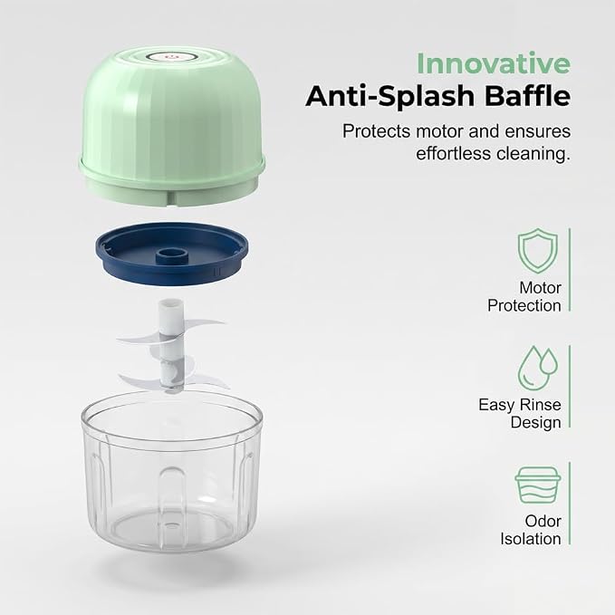 Household Electric Garlic Chopper, 260ml Portable Mini Food Processor with 6 Stainless Steel Blades, USB Rechargeable Small Veggie Cutter for Garlic, Onion, Ginger, Chili, Nuts & Meat (Green)
