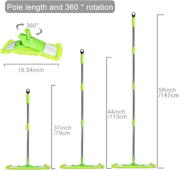 [Godiyyer] Dust Mop for Floor Cleaning, 360° Swivel Chenille Mop with 2 Washable Pads, Adjustable 31-58" Handle, Dry and Wet Available, Suitable for Hardwood, Laminate, Tile, Marble