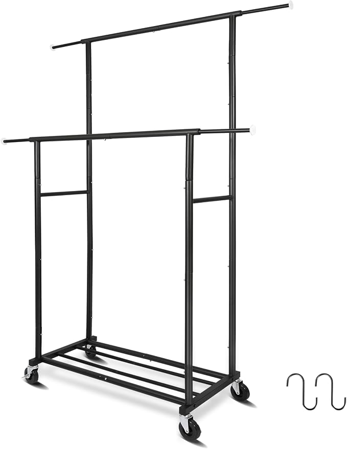 Fishat 48"W x 15"D x 67"H Portable Black Double Rods Garment Clothes Rack | Metal Freestanding Hanging Organizer, Mobile Lockable Wheels, Portable Freestanding, for Storage, Drying, Bedroom