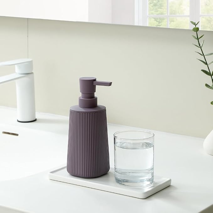 YAUKPH Small Soap Dispenser for Bathroom and Kitchen Matte Purple | Modern Farmhouse Striped Style Plastic Hand Soap Dish Soap Dispenser with Pump