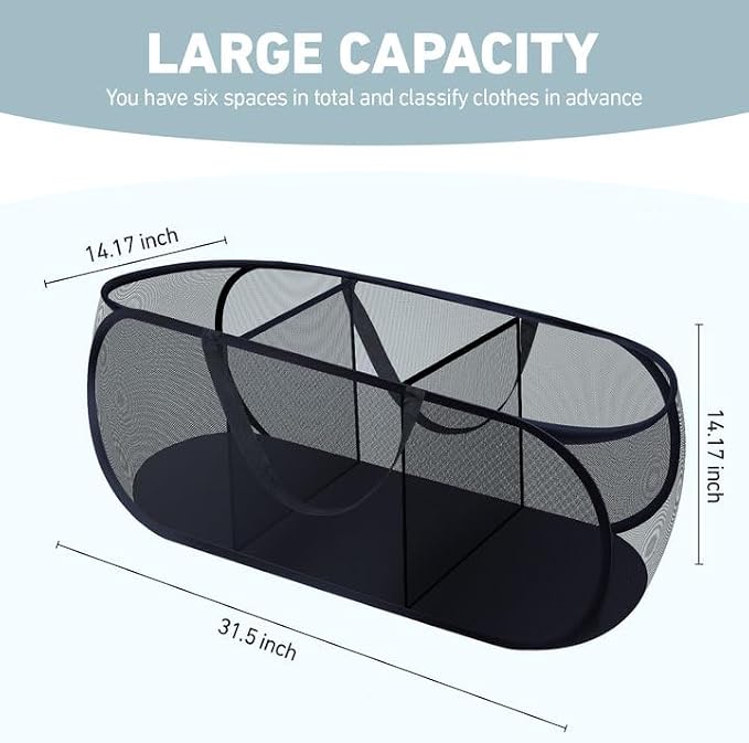 2 Pieces Up Laundry Hamper, 3 Compartment Collapsible Mesh up Laundry Basket, Collapsible Mesh Laundry Baskets for Family College Dorm Hoom Dirt Clothes Bin with Handle