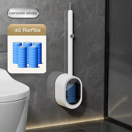Disposable Toilet Brush with 40 Refill Heads and Holder– Includes Storage Caddy&Toilet Bowl Wand, Wall-Mount Scrubbing Toilet Brush Bathroom Cleaning Kit (1 Wand+40 Refills)
