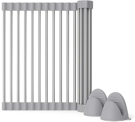 Over Sink Dish Dryng Rack - Roll Up Stainless Stell & Silicone Drying mat, Heat Resistant, Non-Slip & Foldable, Space Saving Kitchen Organizer (17.3"x 15.7")