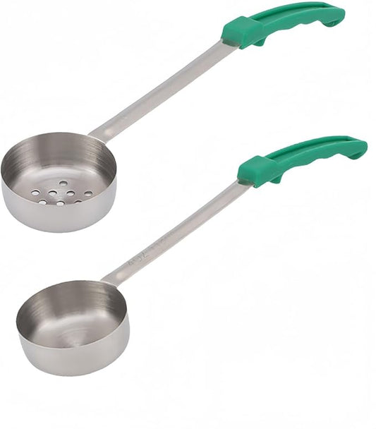 2Pcs Stainless Steel Portion Control Serving Spoons, 4 Oz Serving Ladles, Restaurant and Kitchen Measuring Serving Ladle, Portion Control Slotted and Unslotted Scoops for Weight Loss(Green)