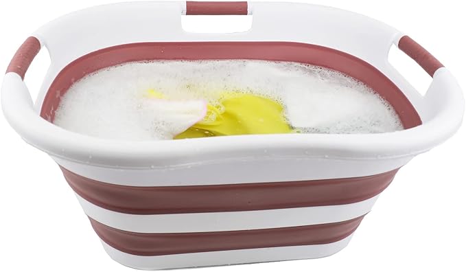 SAMMART 40L (10.5 gallon) Collapsible Plastic Laundry Basket - Foldable Pop Up Storage Container/Organizer - Portable Washing Tub - Space Saving Hamper/Basket (1, White/Dusky Pink)
