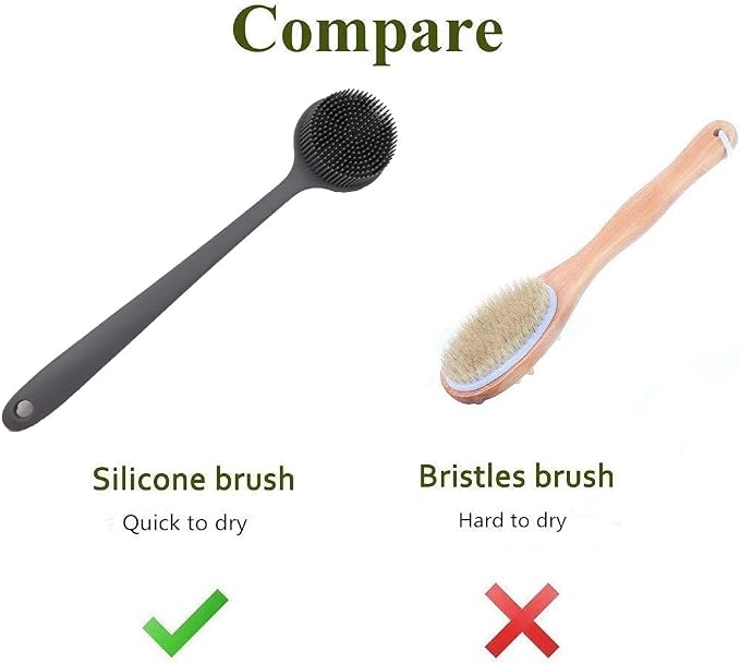 Long Handle Silicone Body Scrubber for Shower, Dual-Sided Back Scrubber Brush with Soft Bristles&Massage Nodes, Exfoliating Bath Brush for Hard to Reach Areas, Easy to Clean & Quick Dry, for Daily Use