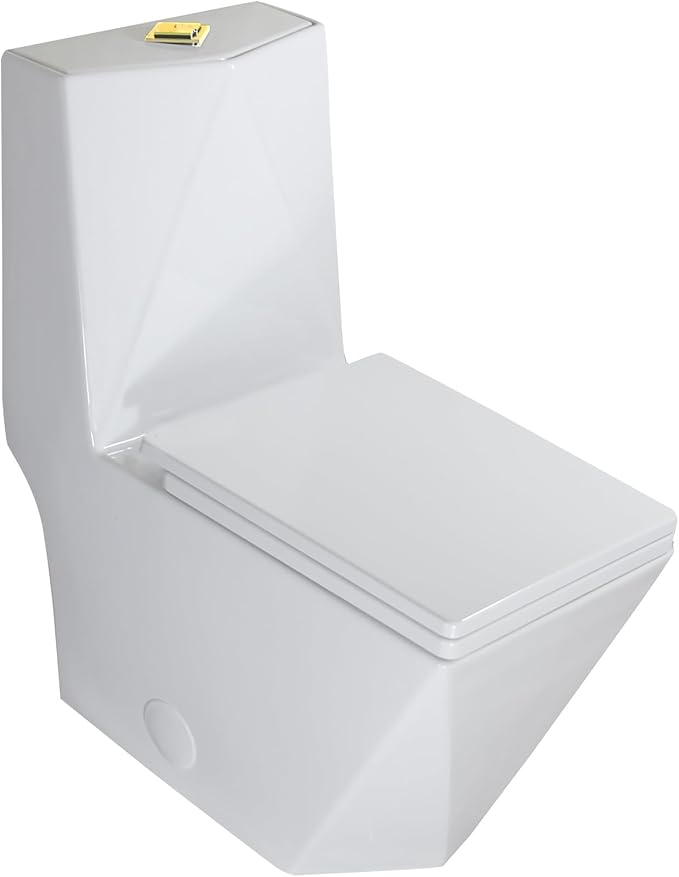 WinZo Rectangular Modern One Piece Toilet with Diamond-shaped Sleek Design Square Dual Flush Gold Button Elongated Soft Closing Seat, White