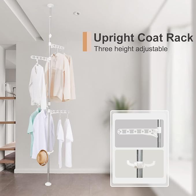 BAOYOUNI Telescopic Drying Rack Floor to CeilingAdjustable Metal Ivory | Corner Laundry Pole Coat Tree Hanger Metal Storage Organizer Stand with 4 Arms & 1 Hook Space Saving Tension Rod for Clothes