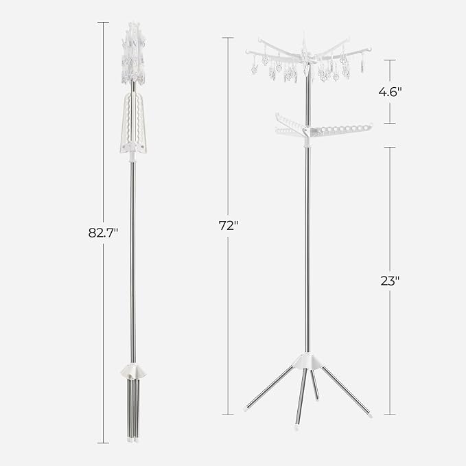 Clothes Drying Rack, 72 Inch Tripod Laundry Drying Hangers,2-Tier Folding Steamer Stand, Garment Rack for Saving Sapce, Clothes Storage, Metal Frame, Indoor Outdoor, White