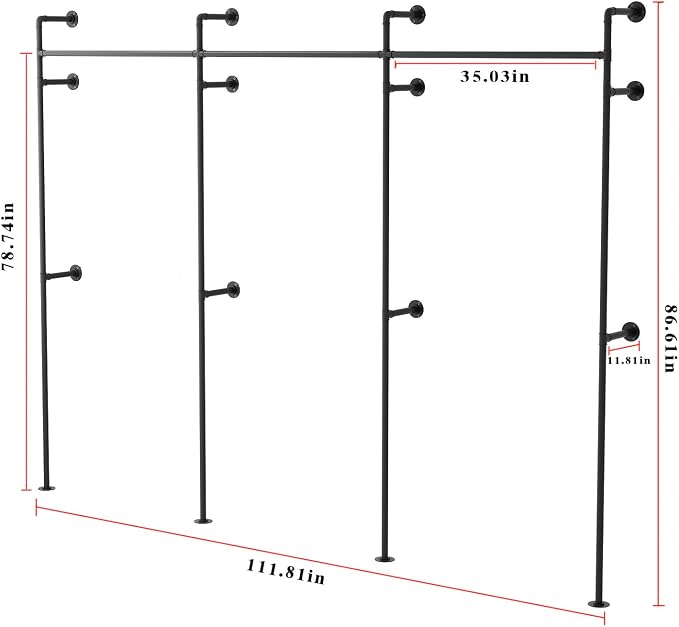 ORSENIGO Industrial Pipe Clothing Rack, Heavy Duty Clothes Rack for Hanging Clothes, Wall Mounted Display Garment Rack for Home Retail Boutique (Three, Black)