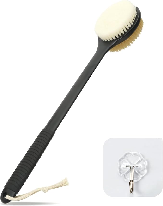 Back Scrubber for Shower, Anti-Slip Long Handle Shower Brush with Soft & Stiff Bristles, Body Exfoliator for Shower, Bath, or Dry Use (Black)