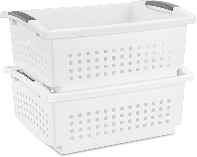 Sterilite 4 Pack Large Stacking Basket, Open Top Storage Bin with Handles, White - Ideal for Home Closets, Kitchens, or Office Organization