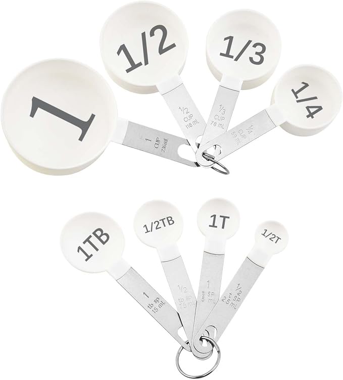 Easy to Read Measuring Cups & Spoons Set for Visually Impaired, Stackable Cups and Spoons, Nesting Measure Cups with Stainless Steel Handle (White)