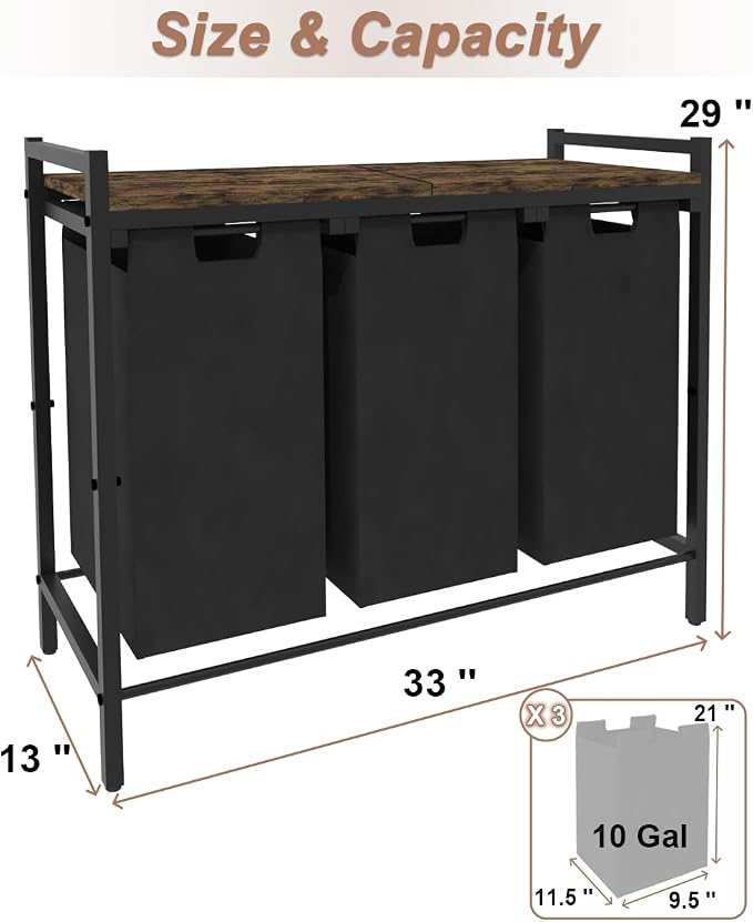 10 x 3 Gal Large Laundry Hamper, Rustic Brown and Black | Freestanding Clothes Basket Organizer with 3 Pull-Out & Removable Sorter Bags for Clothing or Toys in Bathroom & Living Room