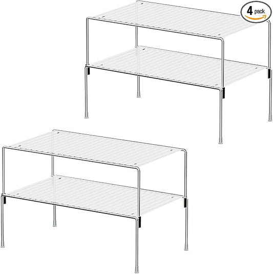 Set of 4 Kitchen Cabinet Organizer Shelves, Stackable Organizer and Storage for Cabinet Cupboard, Expandable Shelf Risers Plate Rack with Anti-slip Plastic Liner