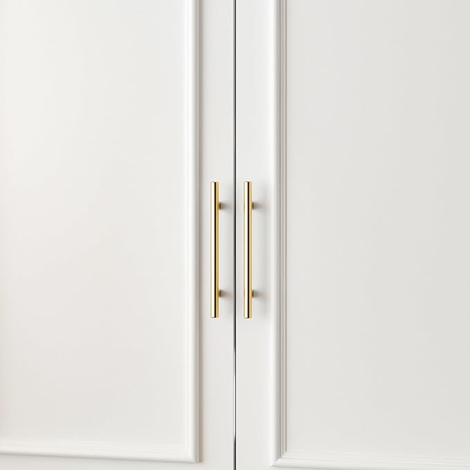 FUFU&GAGA Wardrobe Closet with 4 Doors, Modern White Bedroom Armoire with Gold Handles, Modern Clothes Storage Cabinet with Shelves, Hanging Rod for Cloakroom, 31.7”W x 19.3”D x 74.8”H