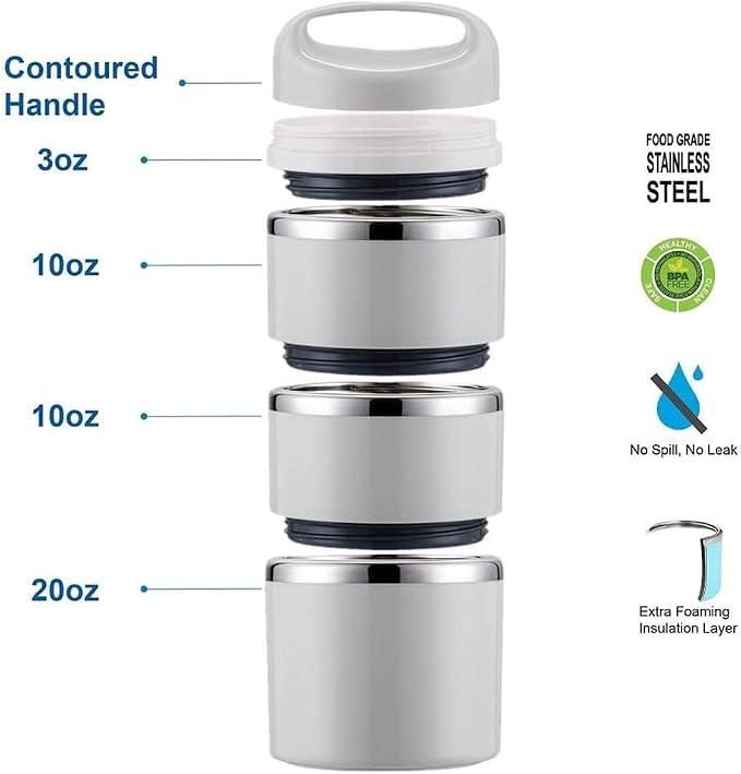 Lille Home Stackable Stainless Steel Thermal Compartment Lunch/Snack Box, 3-Tier Insulated Bento/Food Container with Lunch Bag, Utensils Set and Three Extra Seals, 43OZ (Gray with Utensils)