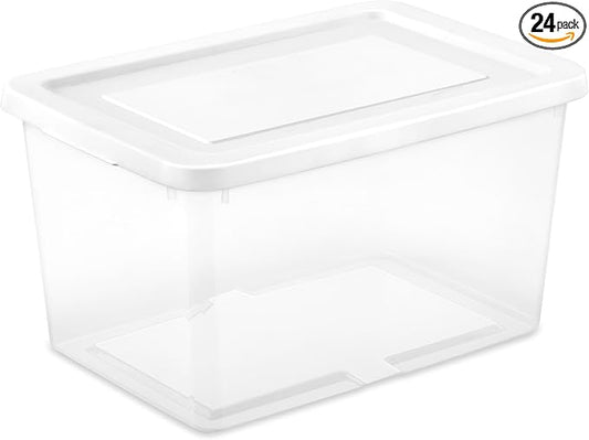 Sterilite 24 Pack Storage Box, 20 Quart Stackable Tote, Clear Plastic Container with Secure Snapping Lids for Home and Office Organization, White