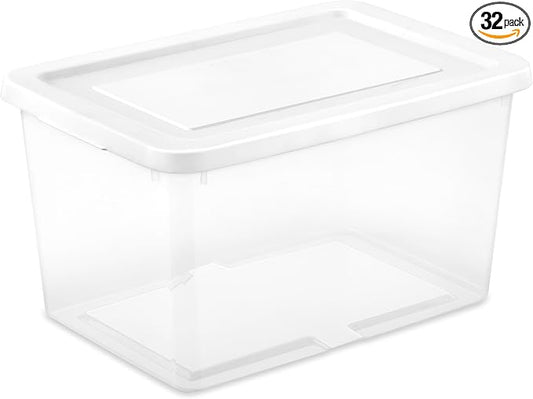 Sterilite 32 Pack Storage Box, 20 Quart Stackable Tote, Clear Plastic Container with Secure Snapping Lids for Home and Office Organization, White