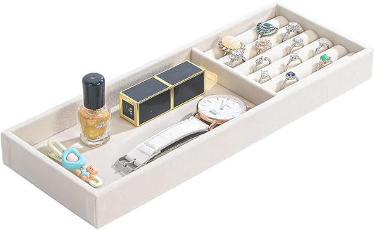 Divided Drawer Organizer Tray, Velvet Jewelry Storage Tray, Necklace Bracelet Ring Earring Display Tray,Bedside Nightstand Desk Holder Tray for Phone Watch Sunglasses Cosmetics Storage/Beige/2grid