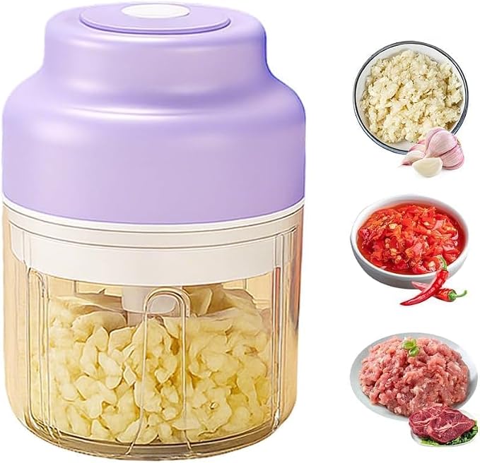 Electric Mini Garlic Chopper Set, 2026 New Small Garlic Chopper Mincer, USB Rechargeable, Wireless Veggie Grinder, Rapidly Garlic Minces Ginger Onion Chili Veggie (Purple, 320ml)