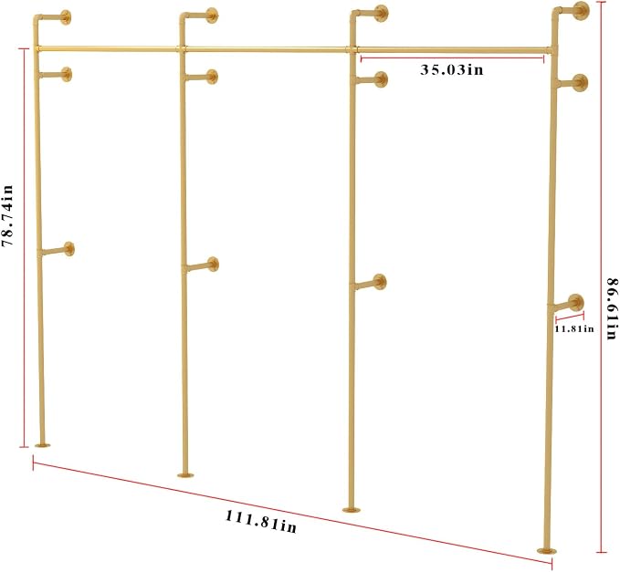 ORSENIGO Industrial Pipe Clothing Rack, Heavy Duty Clothes Rack for Hanging Clothes, Wall Mounted Display Garment Rack for Home Retail Boutique (Three, Gold)