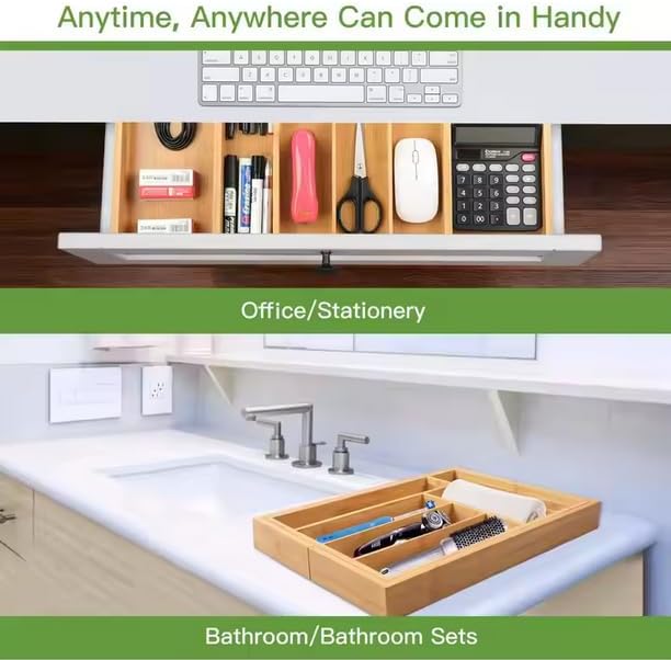 Kitchen Drawer Organizer Expandable Bamboo, Utensil Organizer for Kitchen Drawer, Adjustable Silverware Organizer Tray 13–19.6”, Wooden Cutlery Drawer Organizer, Deep Compartments (5)