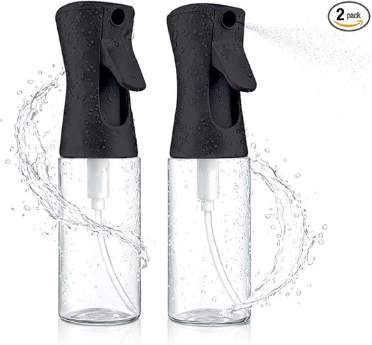 2 Pack Spray Bottles for Hair - Continuous Water Mister Spray Bottles with Ultra Fine Mist Spray for Hairstyling, Barbers, Salons, Skin Care, Cleaning, Plants, Pets (Ebony, 6.8 oz)