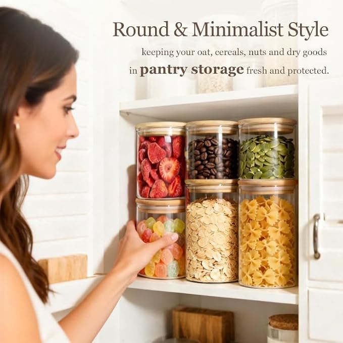 ComSaf Glass Storage Containers with Lids, Set of 6 Jars (0.6Qt/1Qt/1.5Qt) | Glass Pantry Storage Containers , Pantry Organization, BPA Free, Dry Food Storage Jar, Flour Cereal Sugar Tea Coffee Beans