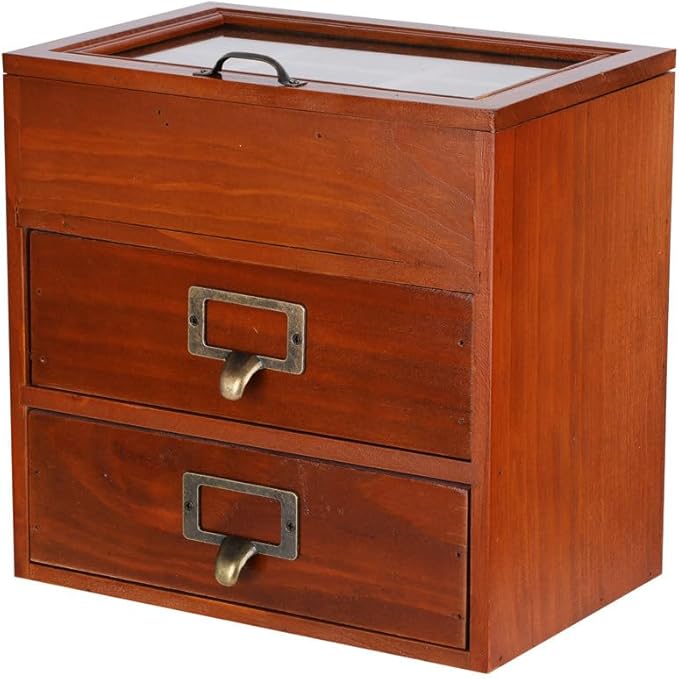 Small Wooden Drawers Wooden Box with Drawer Brown | 2 Drawer Storage Box for Apothecary Cabinet, Apothecary Drawers，Desktop Organizer with Metal Handles for Office，Home