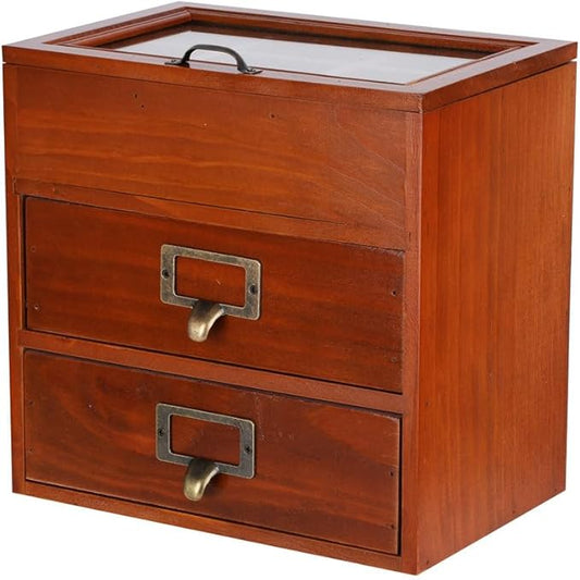 Small Wooden Drawers Wooden Box with Drawer Brown | 2 Drawer Storage Box for Apothecary Cabinet, Apothecary Drawers，Desktop Organizer with Metal Handles for Office，Home